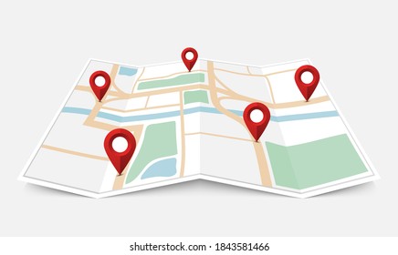 Folded Paper City Map With Red Pin Pointer, Vector Illustration