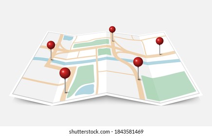 Folded paper city map with red pin pointer, vector illustration
