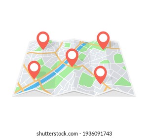 Folded paper city map with red pin pointer. Vector.