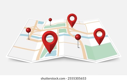 Folded paper city map with red pin pointer, vector illustration