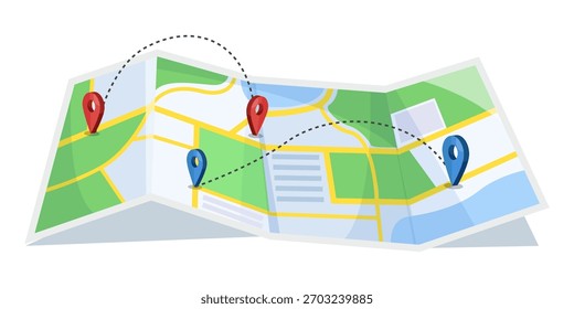 Gefalteter Stadtplan aus Papier mit roten und blauen Anstecknadeln und gepunkteten Linien, flache Grafik, auf weißem Hintergrund. Konzept der Schifffahrt. Vektorgrafik