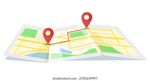 Gefalteter Stadtplan aus Papier mit roten Positionsstiften und markiertem Routenpfad, flacher Grafikstil auf weißem Hintergrund. Konzept der Navigation und Reisen. Vektorgrafik