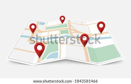 Folded paper city map with red pin pointer, vector illustration