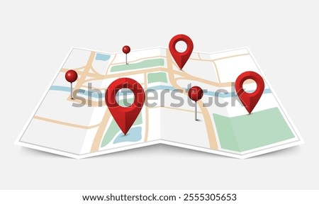 Folded paper city map with red pin pointer, vector illustration