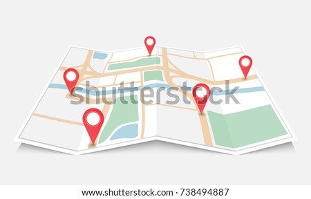 Folded paper city map with red pin pointer, vector illustration