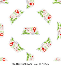 Folded Paper City Map Showing Route and Destination with Location Pin Seamless Pattern