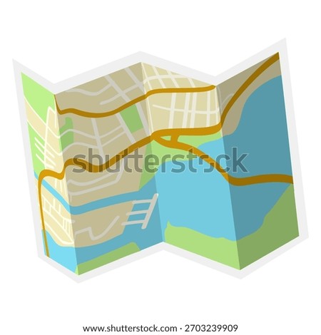 Folded paper city map showing streets, roads, river, and marina in a flat style on a white background. Concept of travel planning. Vector illustration