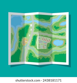 Folded paper city suburban map. Abstract generic map with roads, buildings, parks, river, lake. GPS and navigation. Vector illustration in flat style