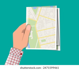 Folded paper city suburban map in hand. Abstract generic map with roads, buildings, parks, river, lake. GPS and navigation. Vector illustration in flat style