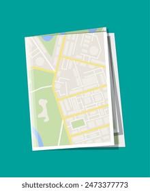 Folded paper city suburban map. Abstract generic map with roads, buildings, parks, river, lake. GPS and navigation. Vector illustration in flat style