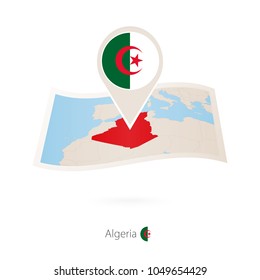 Folded paper map of Algeria with flag pin of Algeria. Vector Illustration