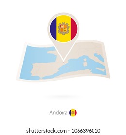 Folded paper map of Andorra with flag pin of Andorra. Vector Illustration