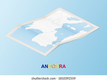 Folded paper map of Andorra with neighboring countries in isometric style on blue vector background.