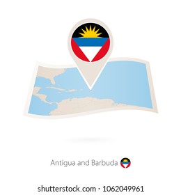 Folded paper map of Antigua and Barbuda with flag pin of Antigua and Barbuda. Vector Illustration