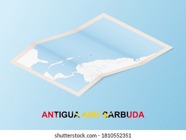 Gefalte Papierkarte von Antigua und Barbuda mit Nachbarländern im isometrischen Stil auf blauem Vektorhintergrund.