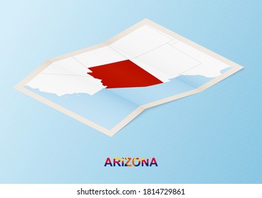 Folded paper map of Arizona with neighboring countries in isometric style on blue vector background.