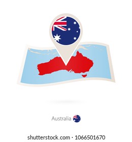 Folded paper map of Australia with flag pin of Australia. Vector Illustration