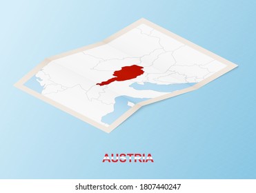 Folded paper map of Austria with neighboring countries in isometric style on blue vector background.