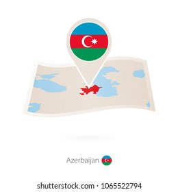 Folded paper map of Azerbaijan with flag pin of Azerbaijan. Vector Illustration