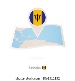 Folded paper map of Barbados with flag pin of Barbados. Vector Illustration