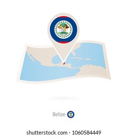 Folded paper map of Belize with flag pin of Belize. Vector Illustration