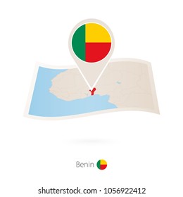 Folded paper map of Benin with flag pin of Benin. Vector Illustration