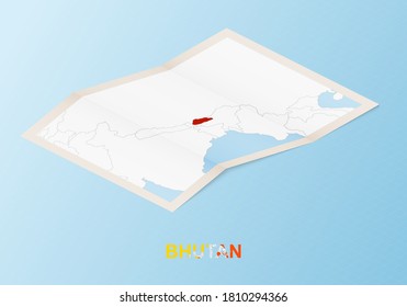 Mapa de papel doblado de Bután con países vecinos en estilo isométrico sobre fondo vectorial azul.