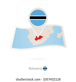 Folded paper map of Botswana with flag pin of Botswana. Vector Illustration