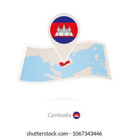 Folded paper map of Cambodia with flag pin of Cambodia. Vector Illustration