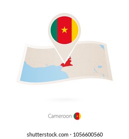 Folded paper map of Cameroon with flag pin of Cameroon. Vector Illustration