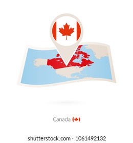 Folded paper map of Canada with flag pin of Canada. Vector Illustration