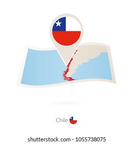 Folded paper map of Chile with flag pin of Chile. Vector Illustration