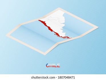 Folded paper map of Chile with neighboring countries in isometric style on blue vector background.