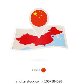 Folded paper map of China with flag pin of China. Vector Illustration
