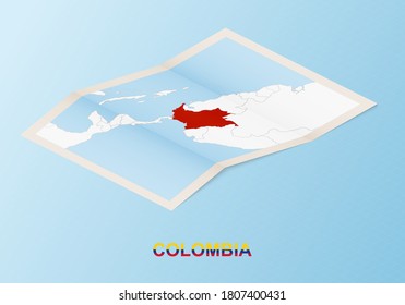 Folded paper map of Colombia with neighboring countries in isometric style on blue vector background.