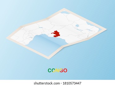 Folded paper map of Congo with neighboring countries in isometric style on blue vector background.