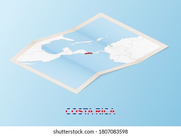 Folded paper map of Costa Rica with neighboring countries in isometric style on blue vector background.