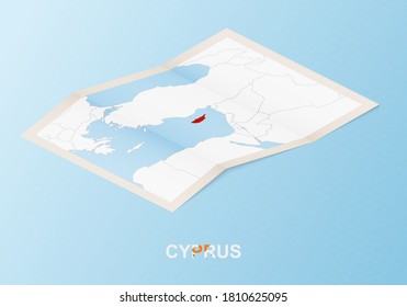 Folded paper map of Cyprus with neighboring countries in isometric style on blue vector background.