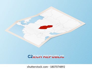 Mapa de papel doblado de la República Checa con países vecinos en estilo isométrico sobre fondo vectorial azul.