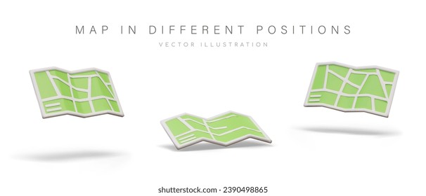 Folded paper map in different positions. Set of vector 3D elements. Isolated images on white backgrounds. Color tool for local orientation. Navigation symbol