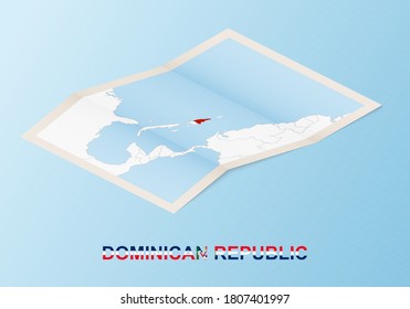 Folded paper map of Dominican Republic with neighboring countries in isometric style on blue vector background.
