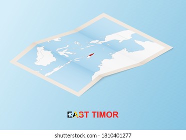 Folded paper map of East Timor with neighboring countries in isometric style on blue vector background.