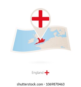 Folded paper map of England with flag pin of England. Vector Illustration