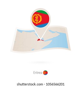 Folded paper map of Eritrea with flag pin of Eritrea. Vector Illustration
