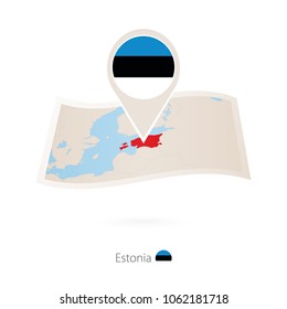 Folded paper map of Estonia with flag pin of Estonia. Vector Illustration