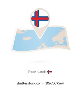 Folded paper map of Faroe Islands with flag pin of Faroe Islands. Vector Illustration