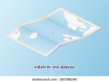 Folded paper map of Faroe Islands with neighboring countries in isometric style on blue vector background.