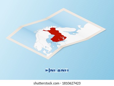 Folded paper map of Finland with neighboring countries in isometric style on blue vector background.