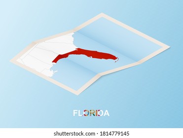 Folded paper map of Florida with neighboring countries in isometric style on blue vector background.