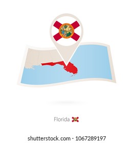 Folded paper map of Florida U.S. State with flag pin of Florida. Vector Illustration
